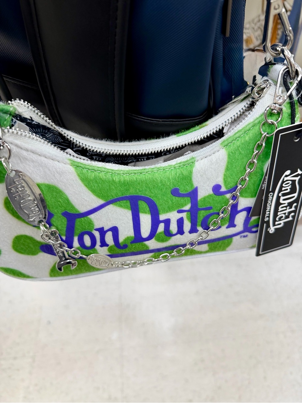 VON DUTCH VEGAN PONY HAIR LIME COW PRINT SHOULDER BAG